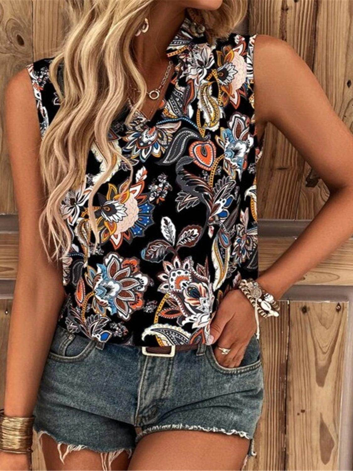 Printed Notched Sleeveless Top for Women in Various Sizes by Selvanelle