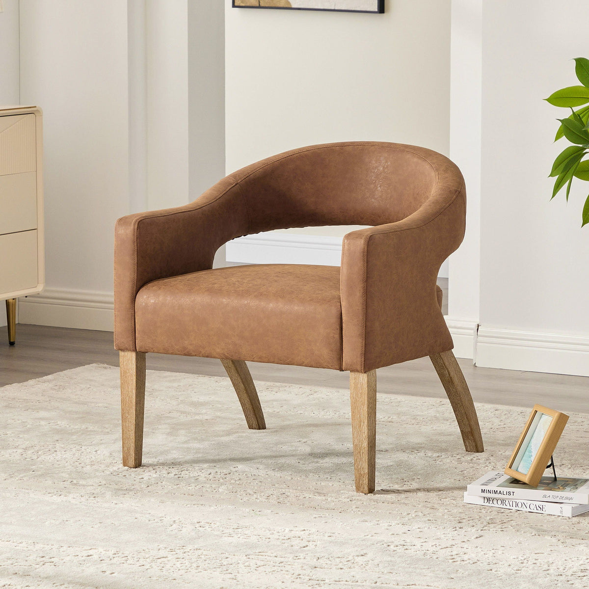 Upholstered Open Back Armchair With Weathered Rubberwood Legs by Unique Piece Furniture
