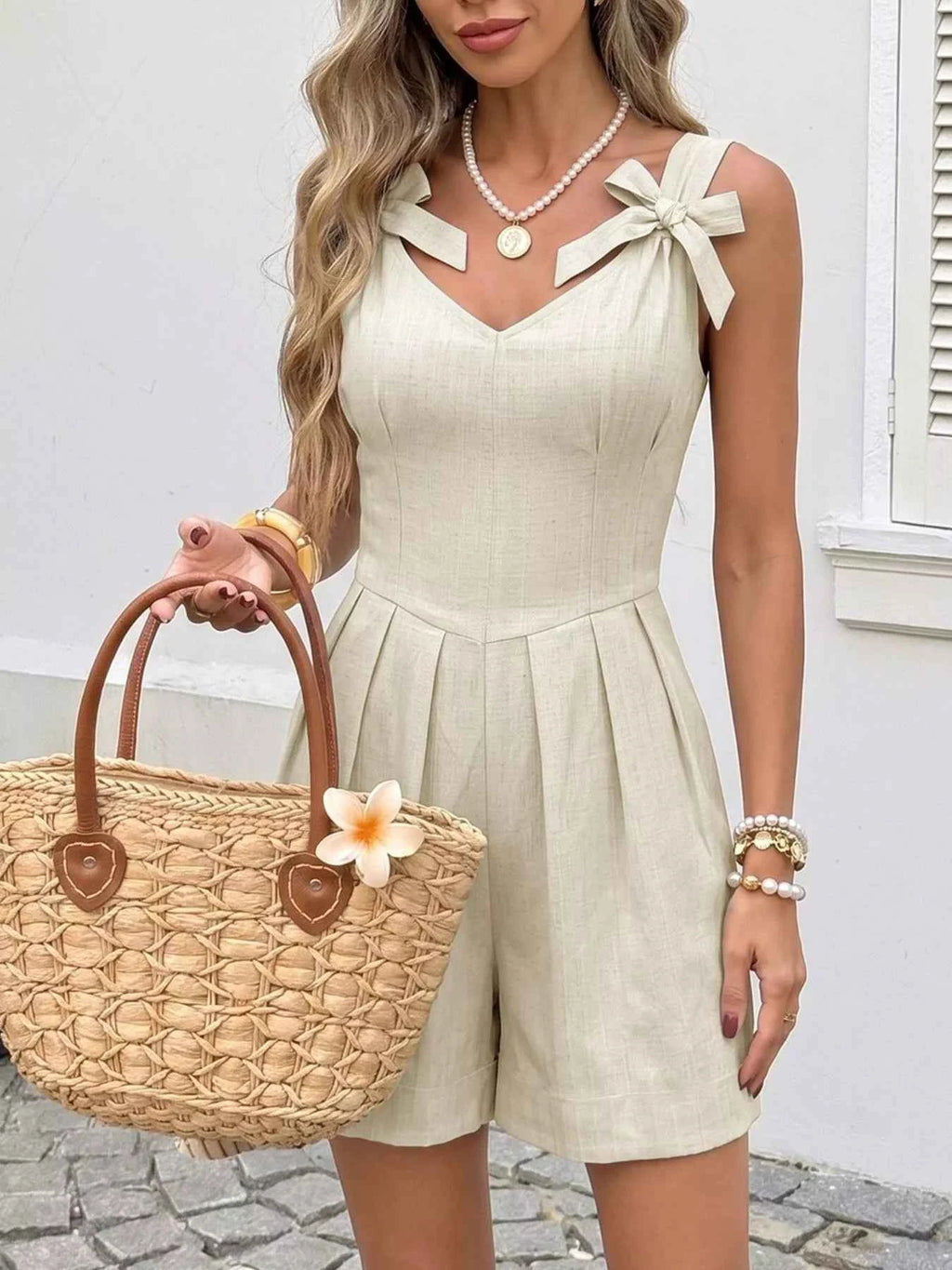 Bowknot Strap Pleated Detail Womens Romper by Be Bliss Boutique