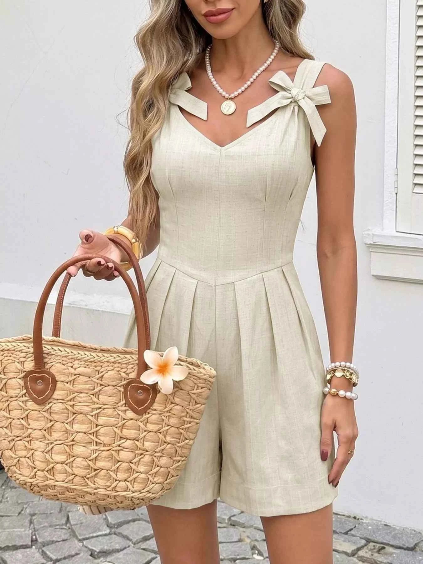Bowknot Strap Pleated Detail Womens Romper by Be Bliss Boutique