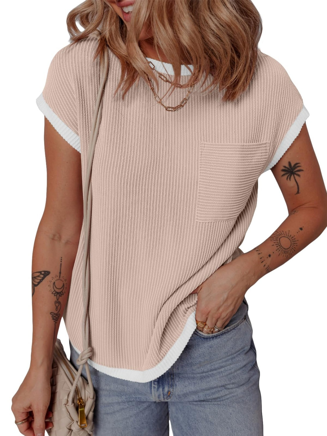 Contrast Trim Round Neck Short Sleeve T-Shirt by Wild and Free Boutique