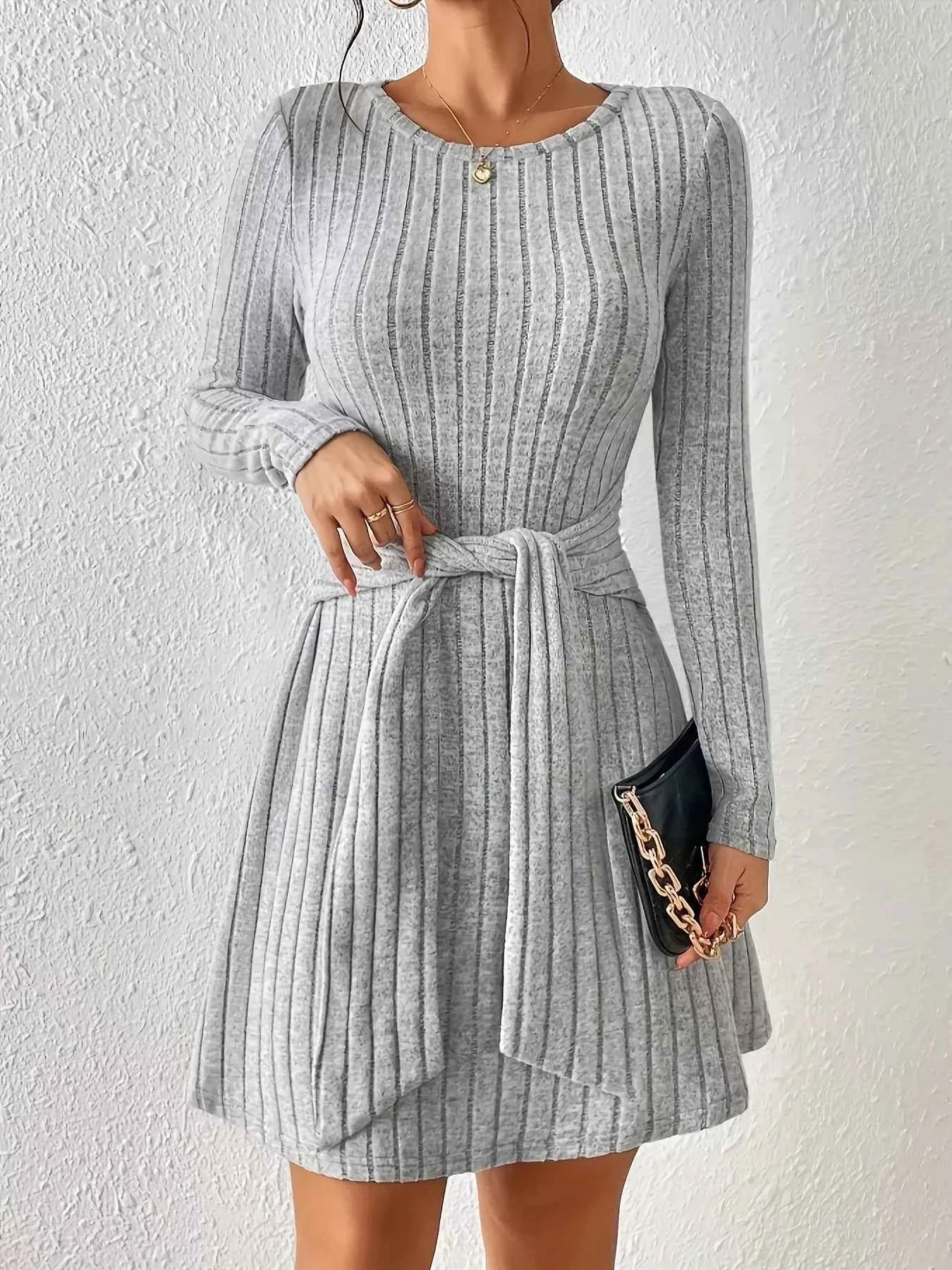 Ribbed Knit Tie Waist Long Sleeve Casual Dress by Wild and Free Boutique