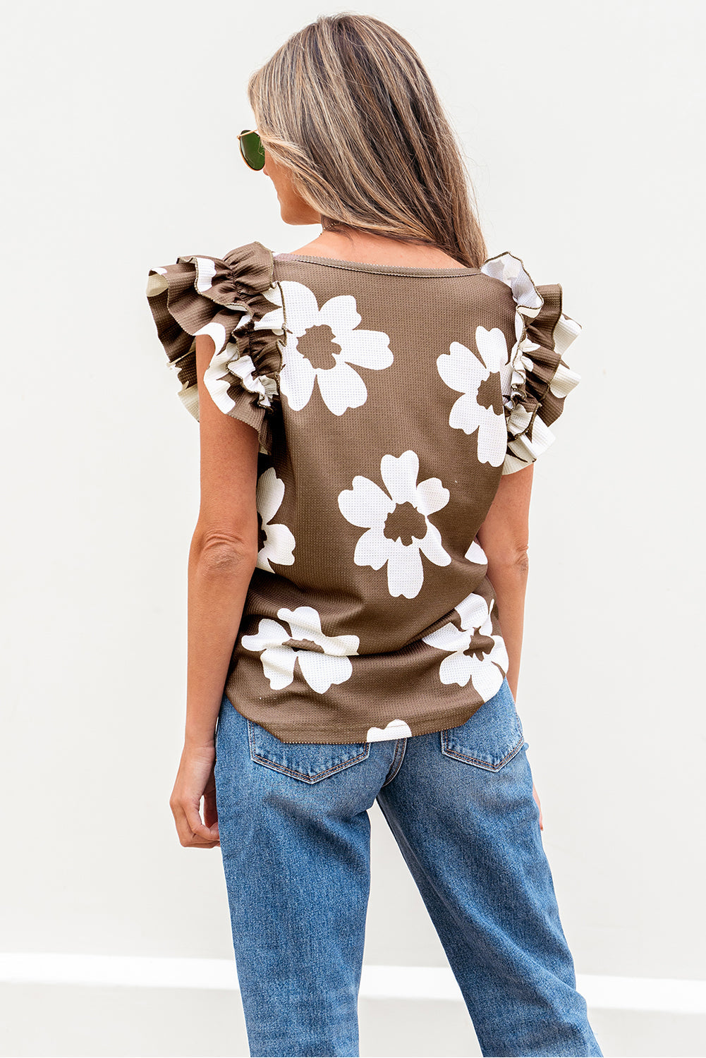 Brown Floral Textured Ruffled Short Sleeve Square Neck Blouse by Wild and Free Boutique