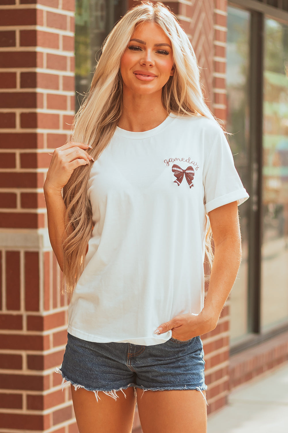 White Game Day Bowknot Embroidered Graphic Casual Tee by Wild and Free Boutique