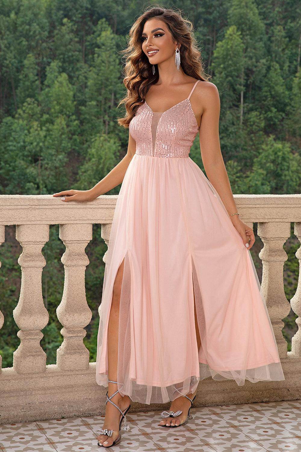 Spaghetti Strap Slit Mesh Dress for Elegant Evening Wear by Selvanelle