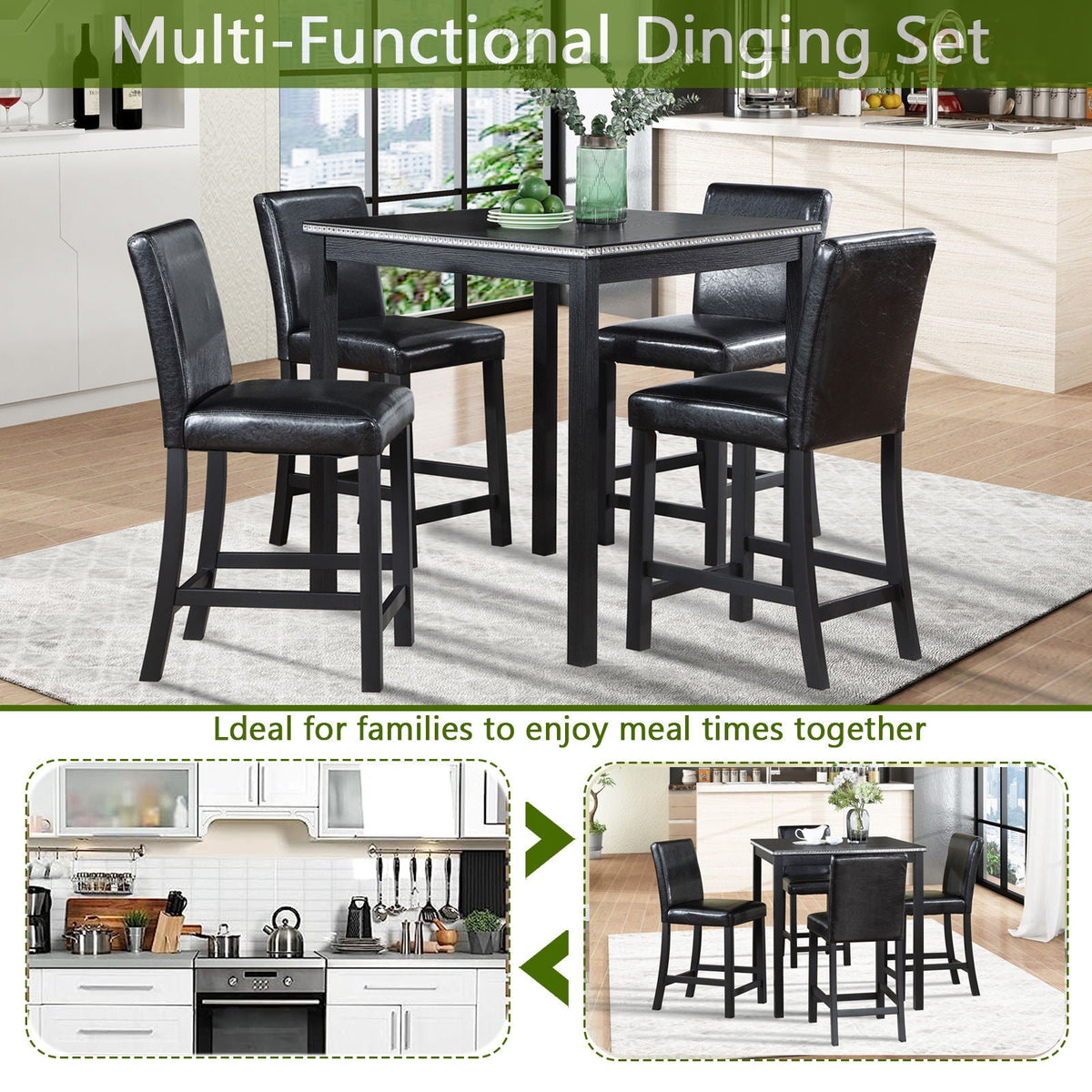 5 Pieces Counter Height Table Set, Kitchen Table With Square Table And 4 Upholstered Chairs by Unique Piece Furniture