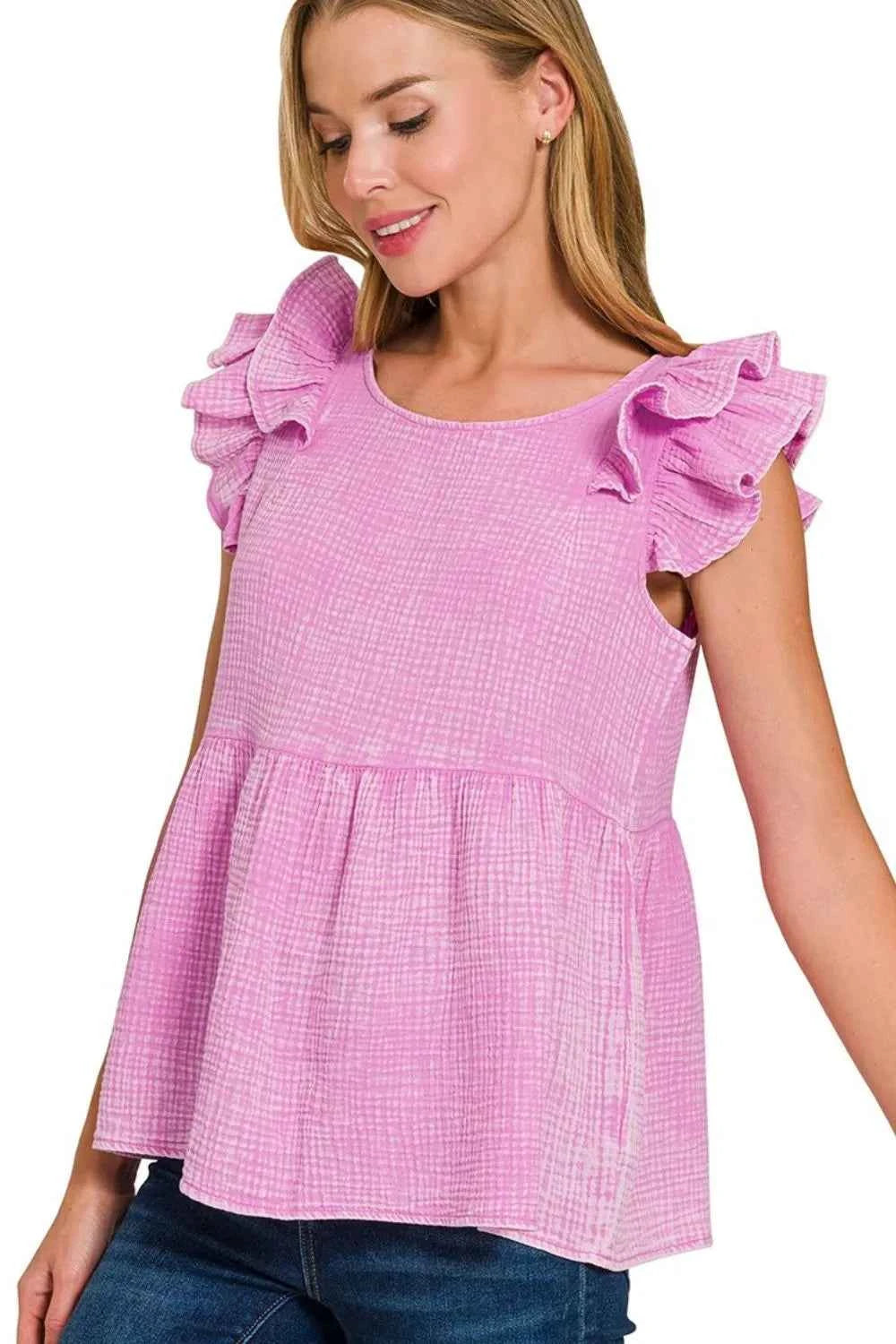 Zenana Double Gauze Acid Washed Tiered Ruffle Peplum Top by Wild and Free Boutique