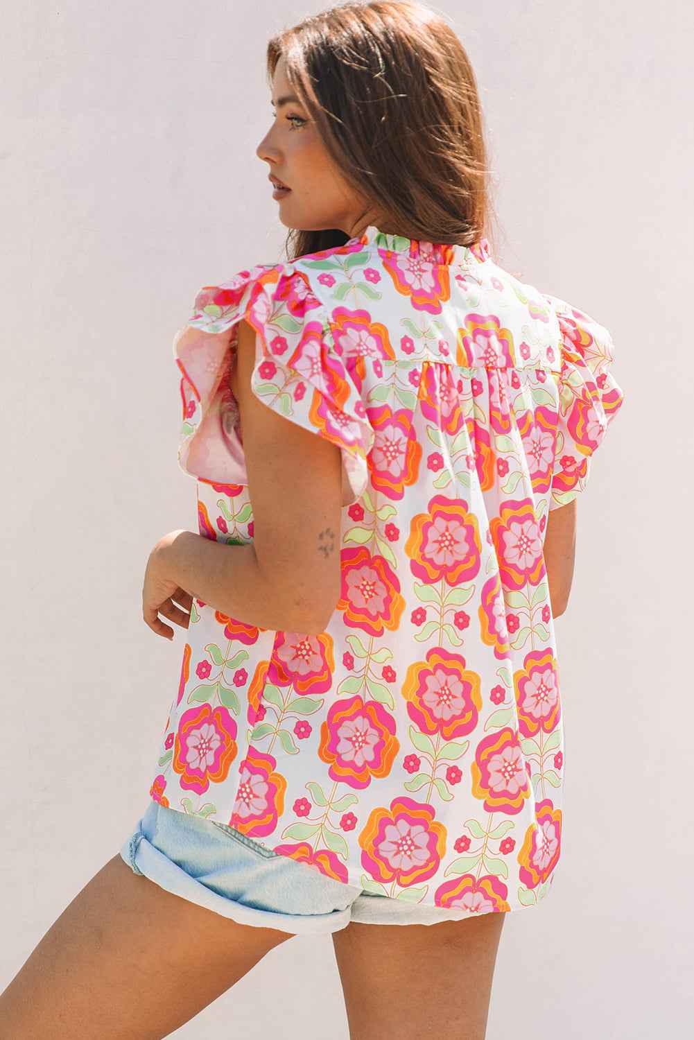 Rose Floral Ruffled Sleeve Ric-rac Trim Split Neck Loose Blouse by Dear-Lover Dropshipping