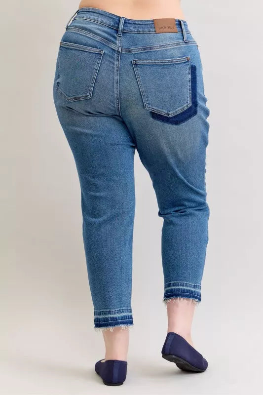 Judy Blue Full Size Mid Rise Bf Patch & Repair Destroy Release Hem Jeans Plus Size by Wild and Free Boutique