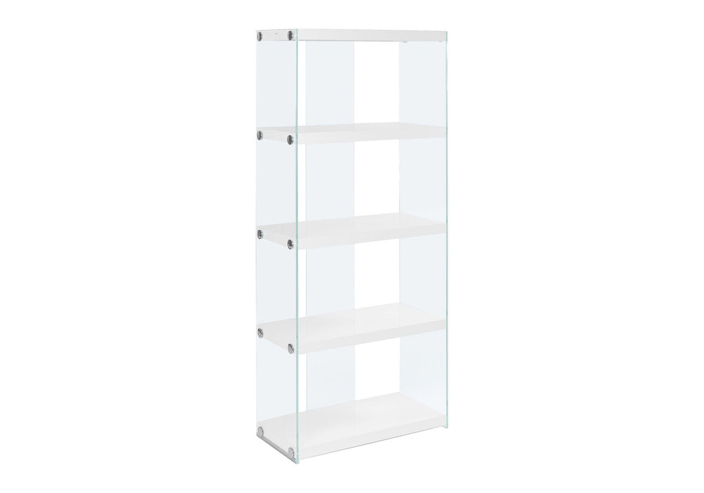 Bookshelf, Bookcase, Etagere, 5 Tier, Glossy Clear Tempered Glass - White by Unique Piece Furniture