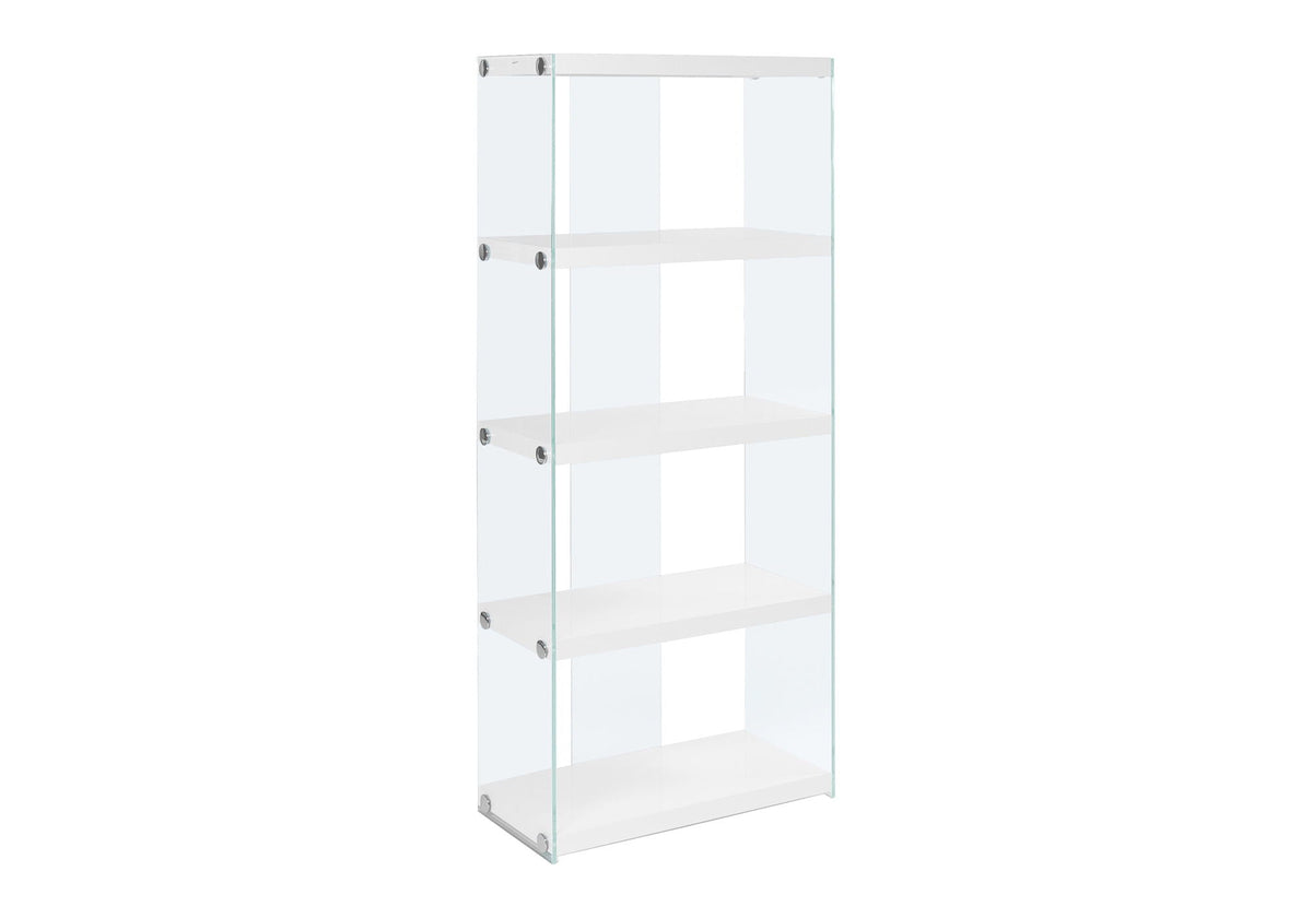 Bookshelf, Bookcase, Etagere, 5 Tier, Glossy Clear Tempered Glass - White by Unique Piece Furniture