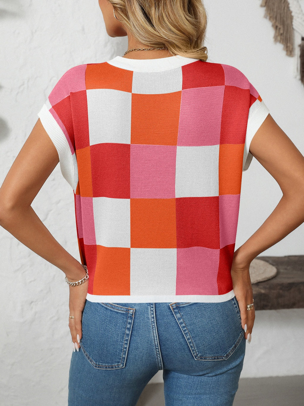 Mandy Checkered Round Neck Cap Sleeve Knit Top by Wild and Free Boutique