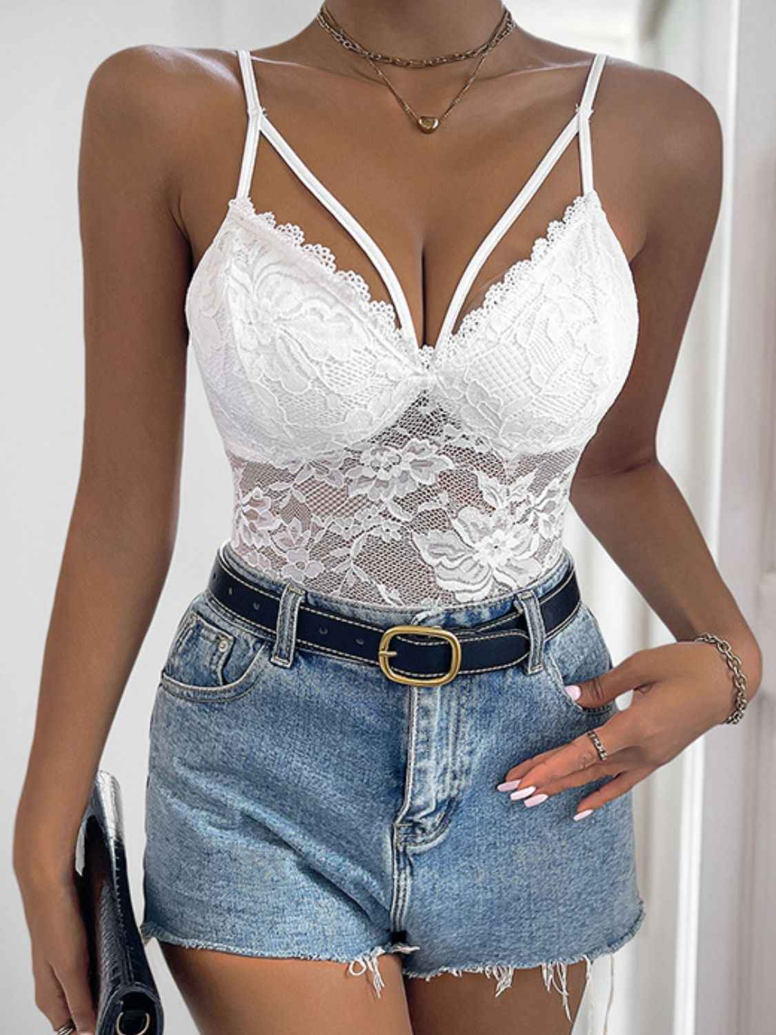Perfee Spaghetti Strap Lace Bodysuit by Wild and Free Boutique