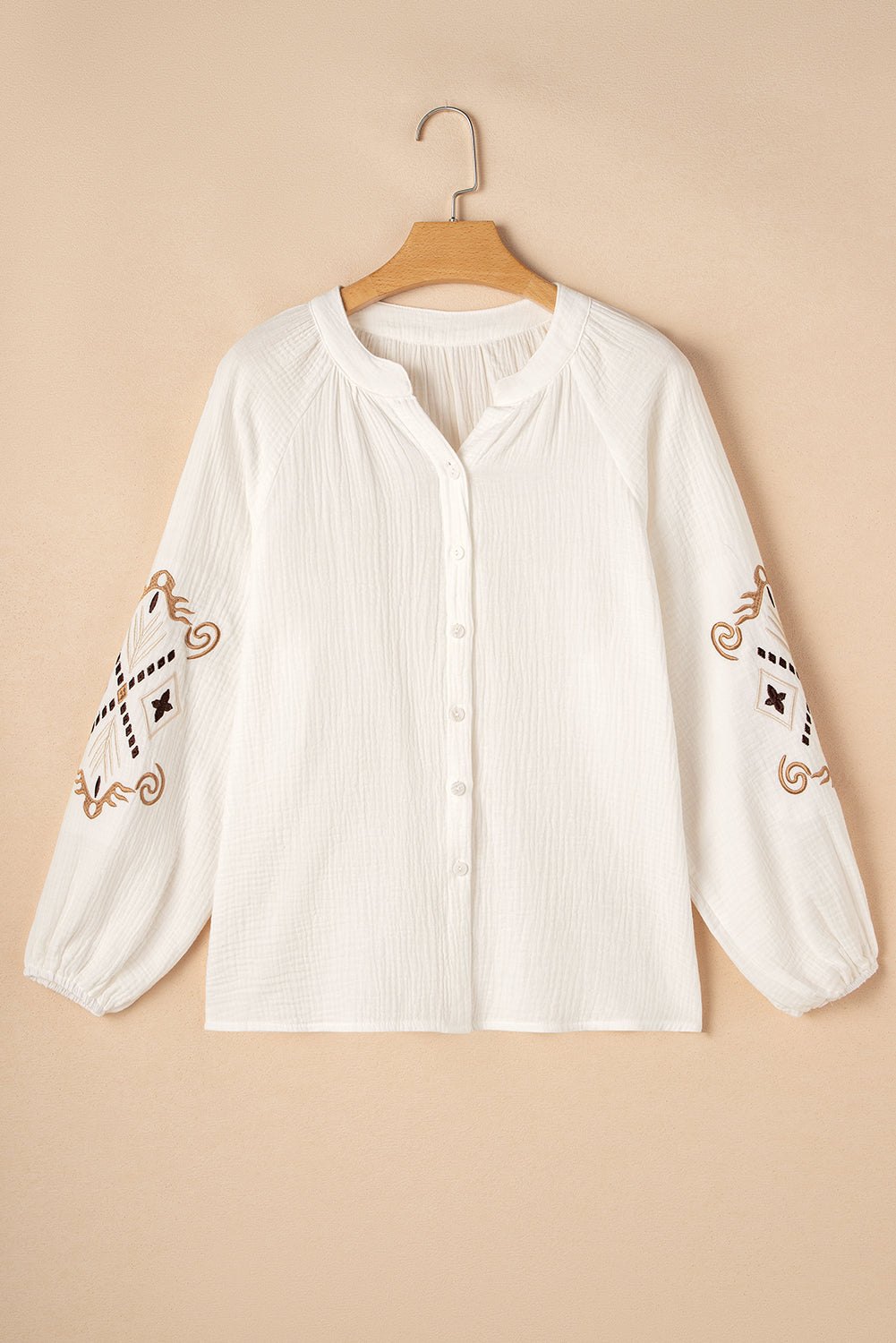 White Embroidered Textured Buttoned Crew Neck Shirt by Wild and Free Boutique