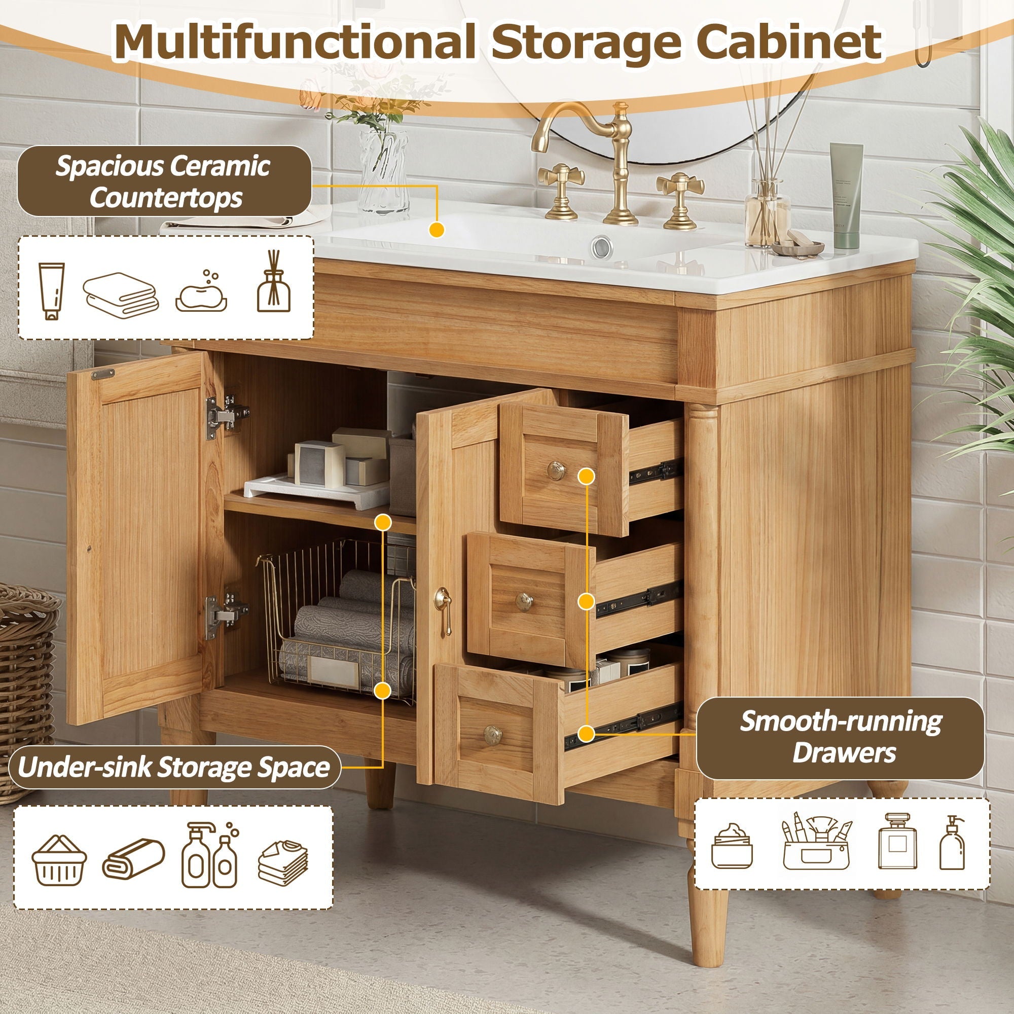 Modern Bathroom Vanity With Ceramic Sink, Soft Close Doors, Adjustable Shelves by Unique Piece Furniture