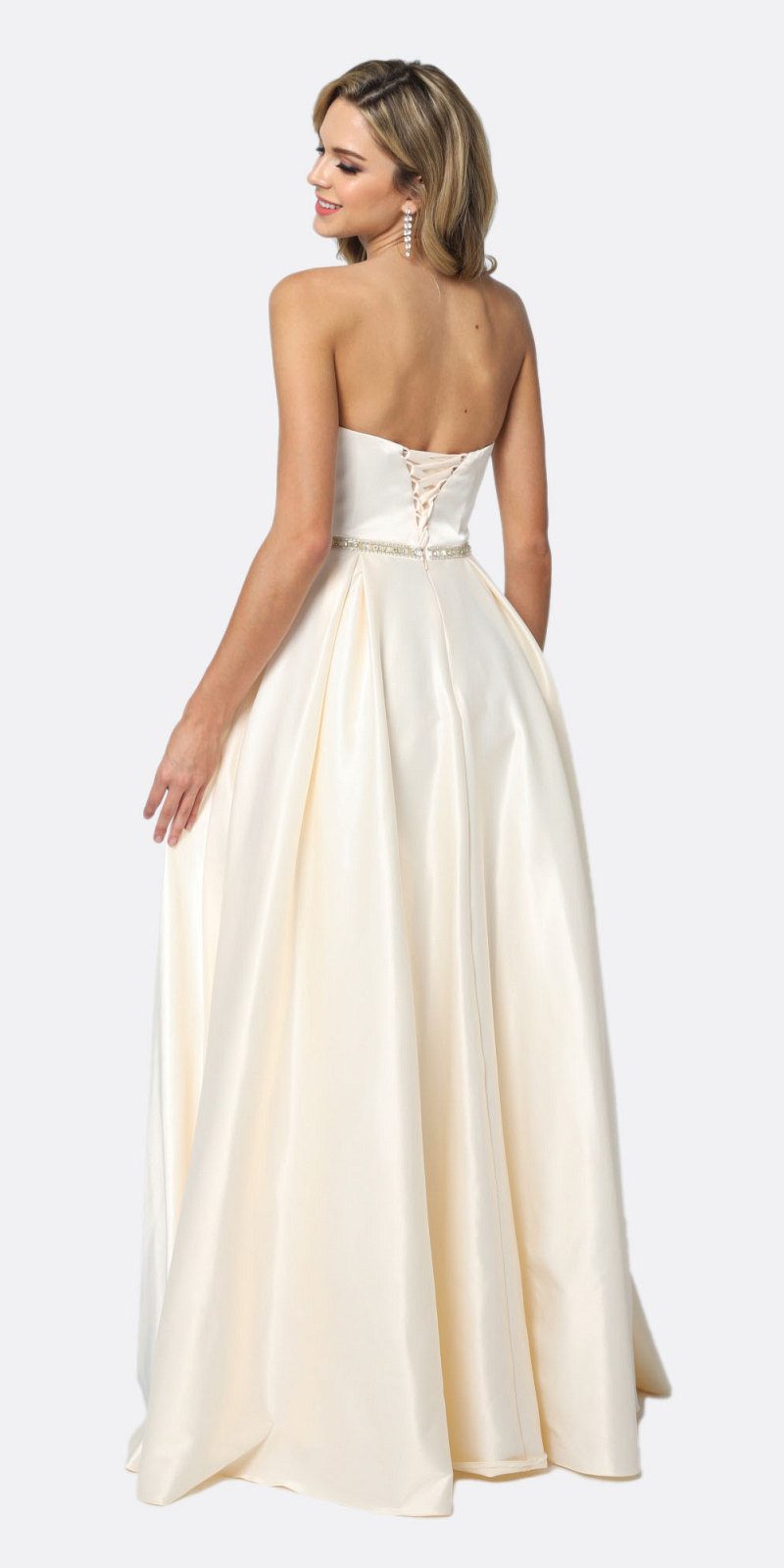 Juliet 688 Floor Length Shiny Satin A-Line Gown Beaded Belt with Pockets by DiscountDressShop