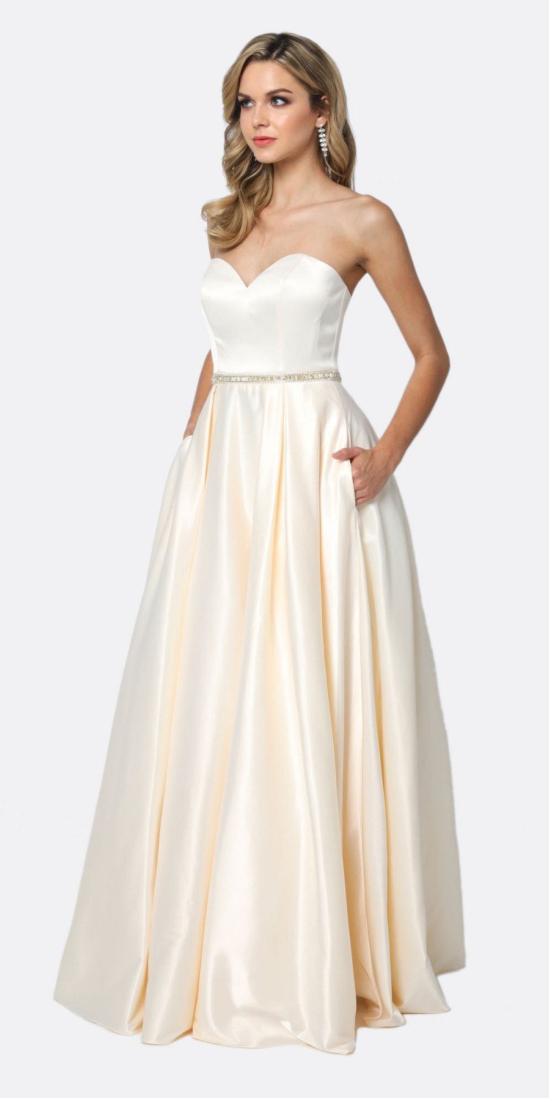 Juliet 688 Floor Length Shiny Satin A-Line Gown Beaded Belt with Pockets by DiscountDressShop