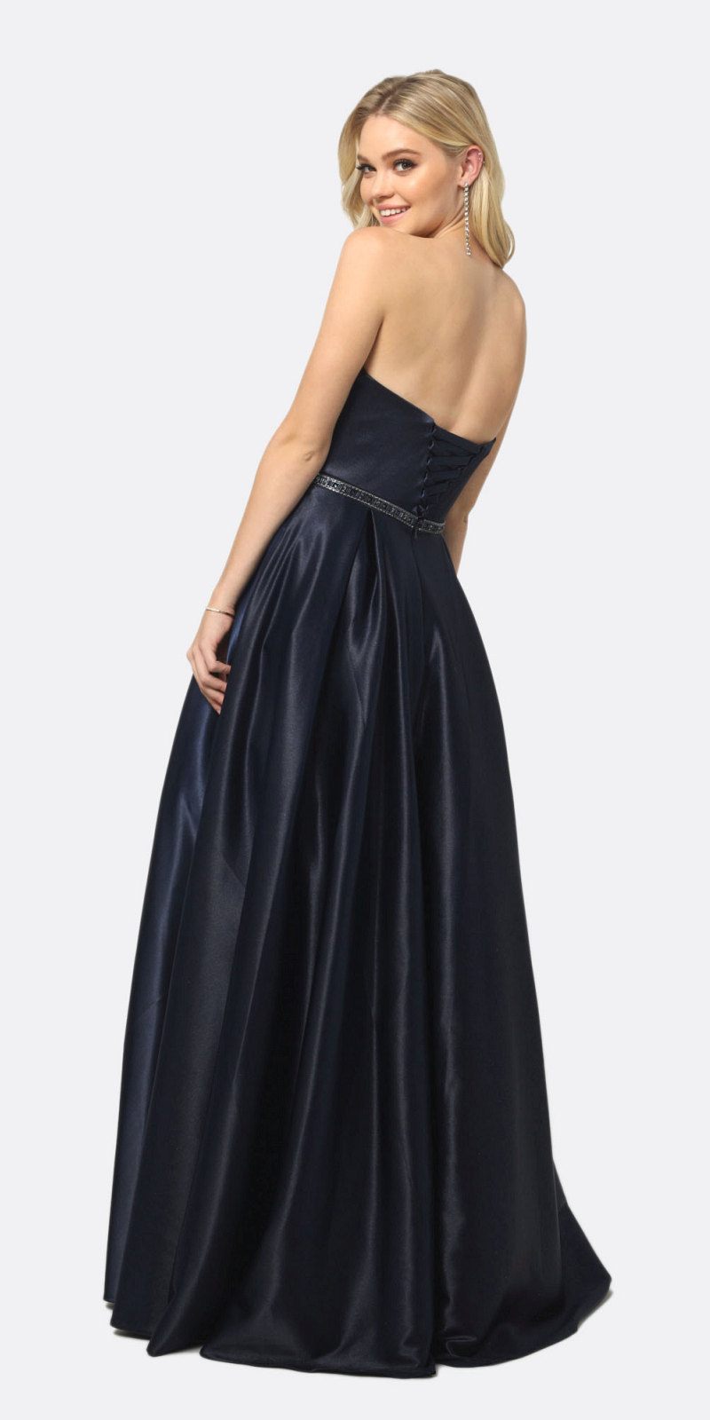 Juliet 688 Floor Length Shiny Satin A-Line Gown Beaded Belt with Pockets by DiscountDressShop