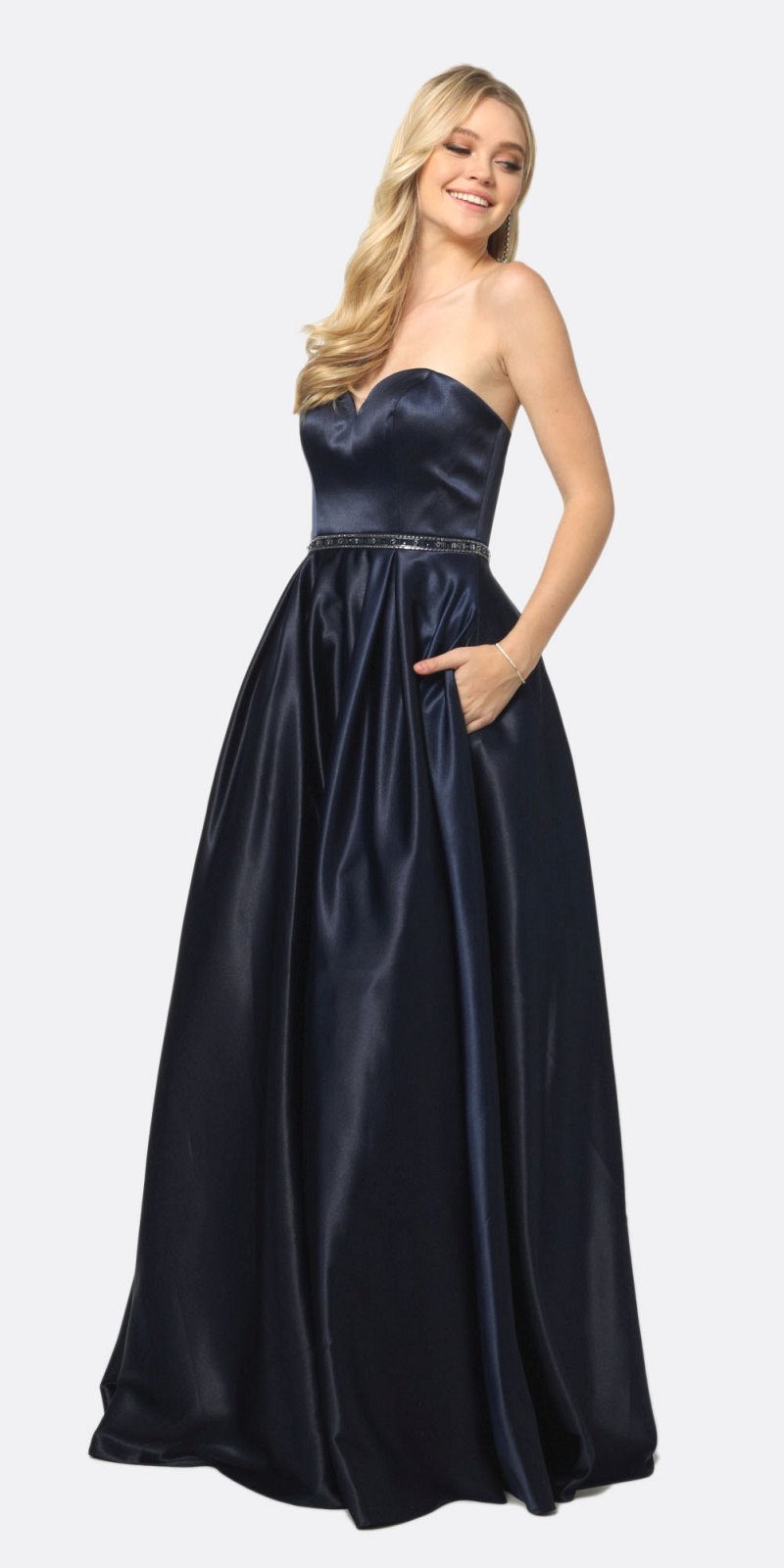 Juliet 688 Floor Length Shiny Satin A-Line Gown Beaded Belt with Pockets by DiscountDressShop
