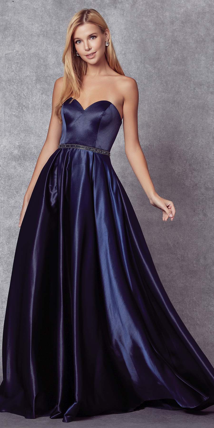 Juliet 688 Floor Length Shiny Satin A-Line Gown Beaded Belt with Pockets by DiscountDressShop