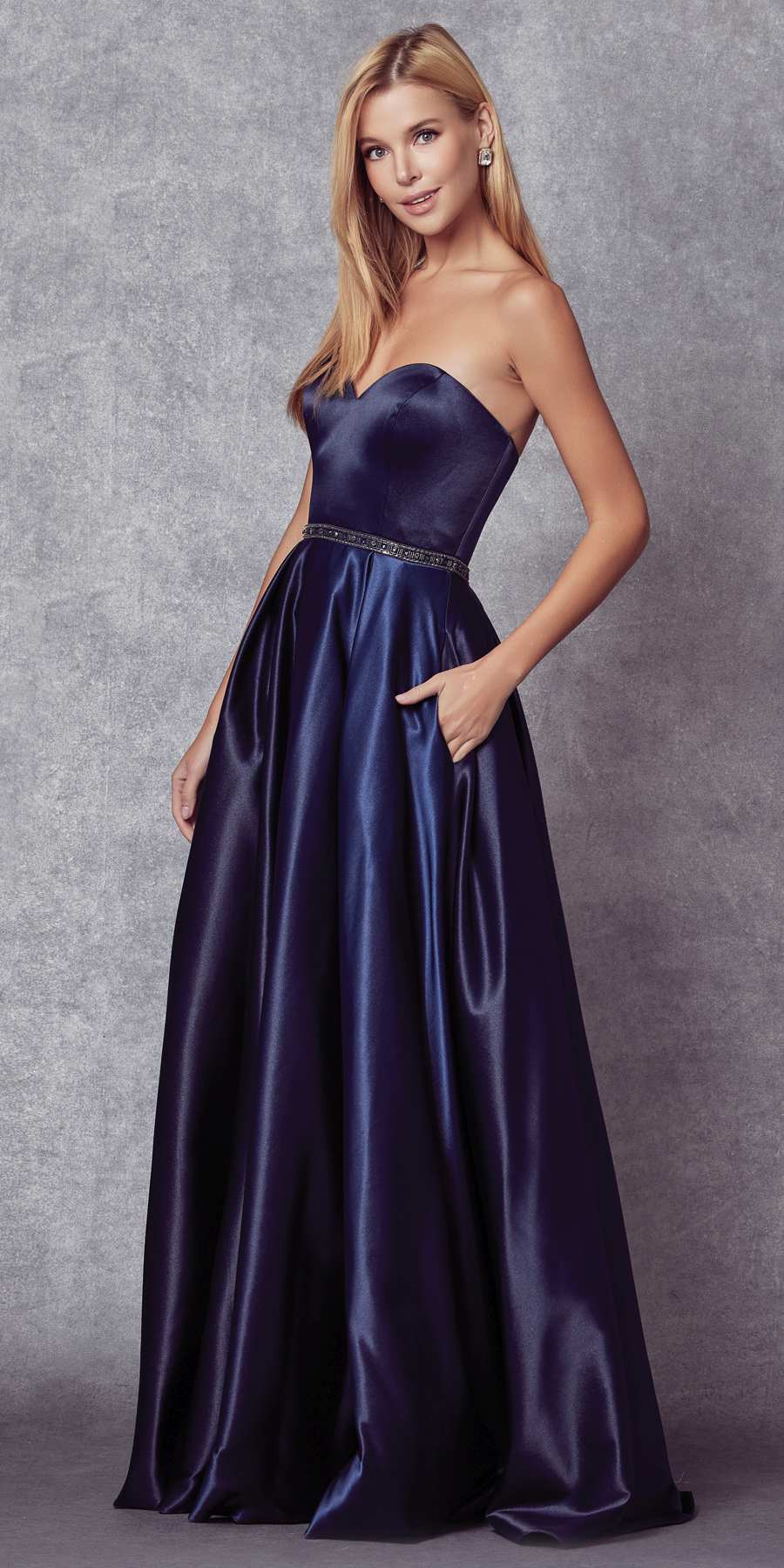 Juliet 688 Floor Length Shiny Satin A-Line Gown Beaded Belt with Pockets by DiscountDressShop