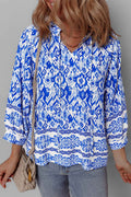 Blue Boho Printed 3/4 Sleeve Tied Neck Blouse by Wild and Free Boutique