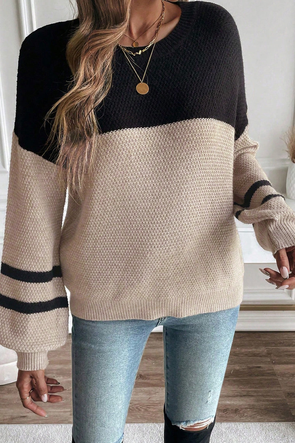 Dark Brown Color Block Knit Striped Sleeve Detail Casual Sweater by Wild and Free Boutique