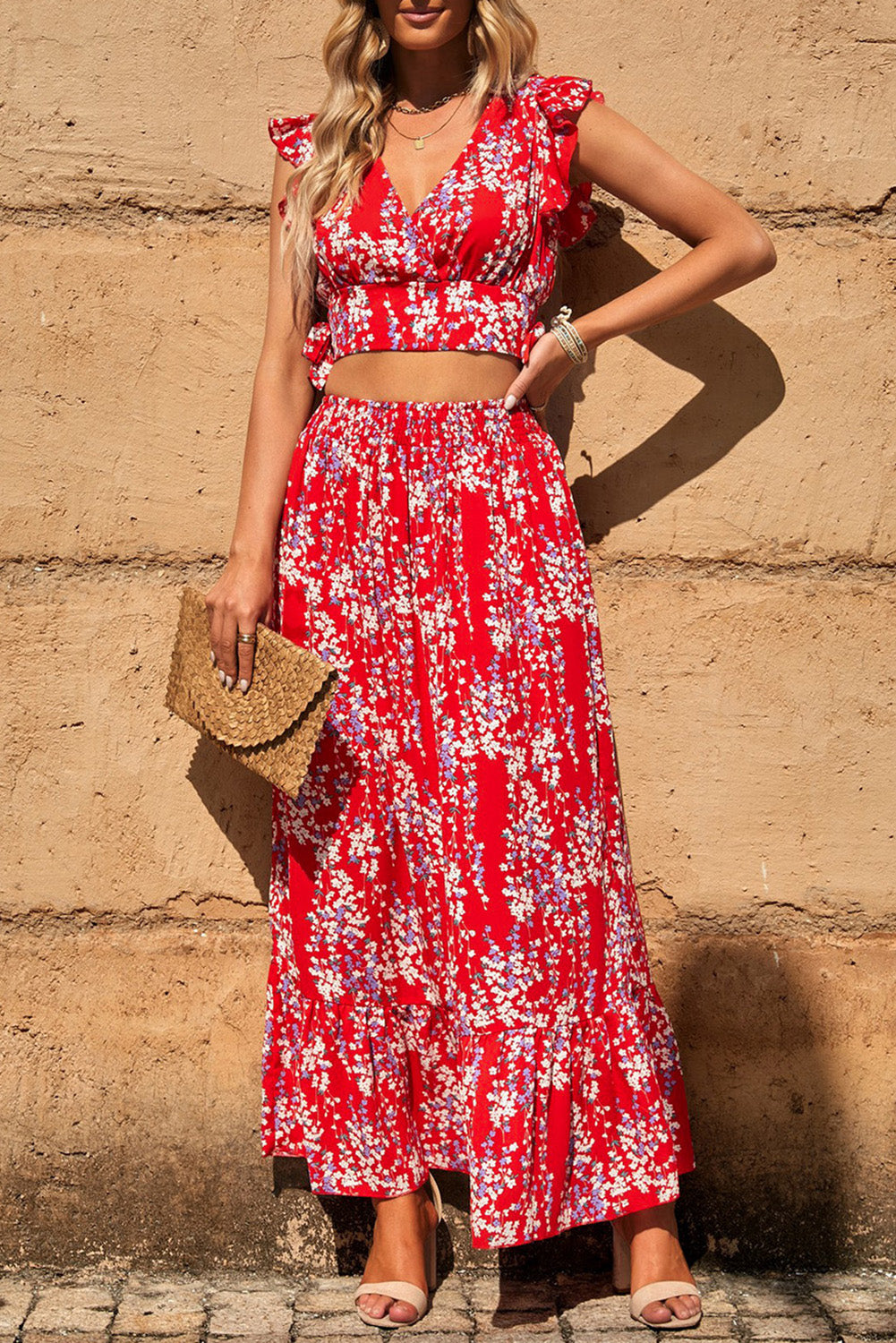 Black Multicolor Floral Ruffled Crop Top and Maxi Skirt Set by Wild and Free Boutique