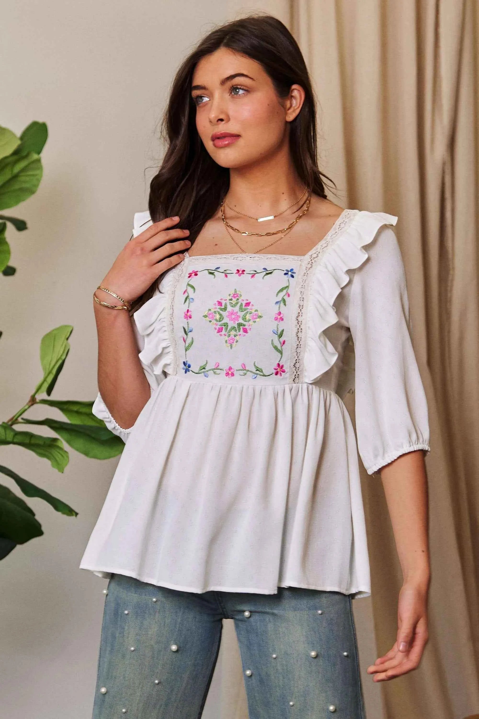 Davi & Dani Texture Tie Back Floral Embroidery Frill Blouse by Wild and Free Boutique