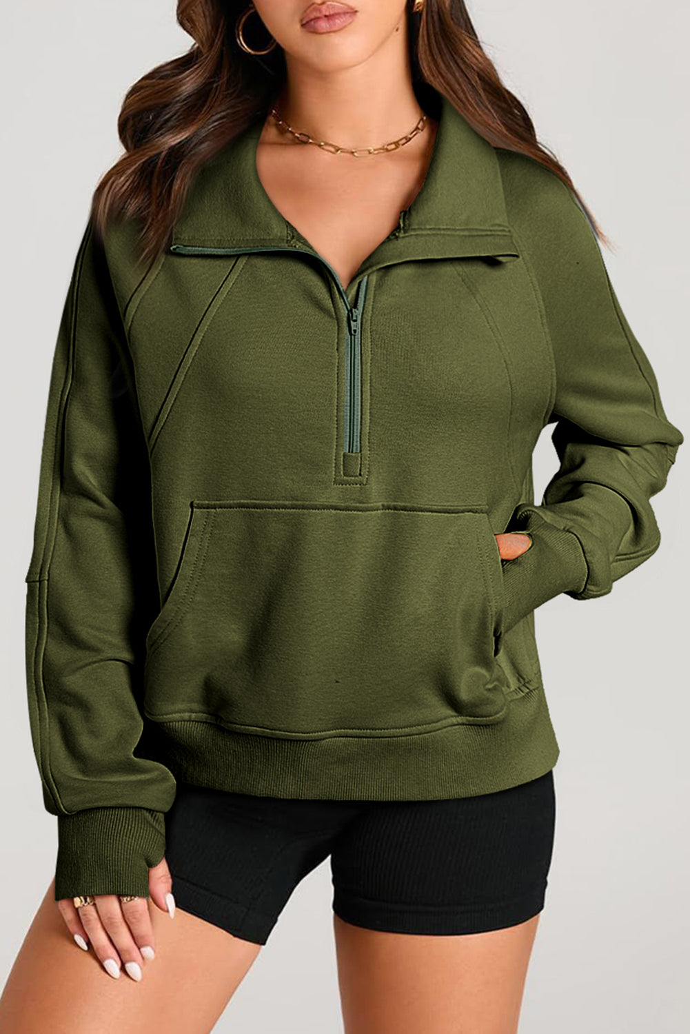 Smoke Green Quarter Zip Stand Neck Kangaroo Pocket Sweatshirt by Wild and Free Boutique