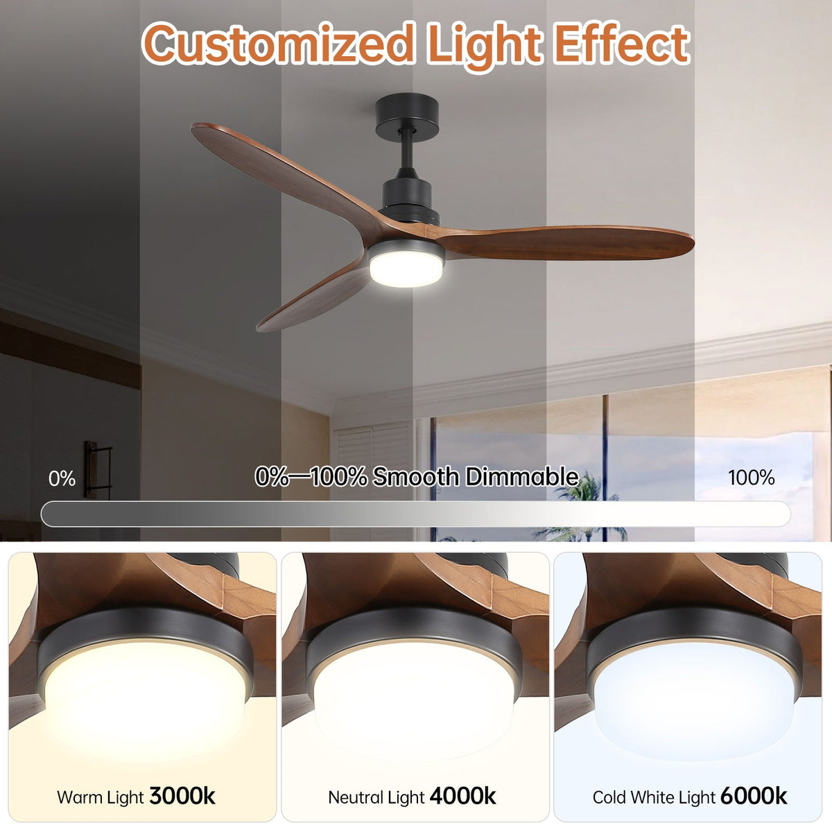 Ceiling Fan With Lights 3 Solid Wood Fan Blade Noiseless Reversible Motor Remote Control - Black by Unique Piece Furniture