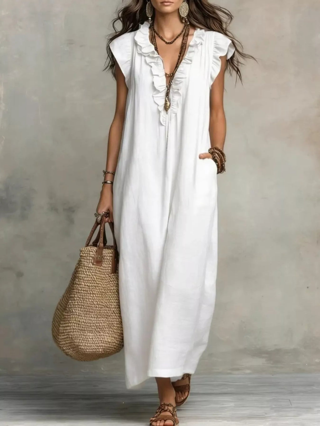 Full Size Ruffled V-Neck Cap Sleeve Maxi Dress Plus Size by Shopiebay