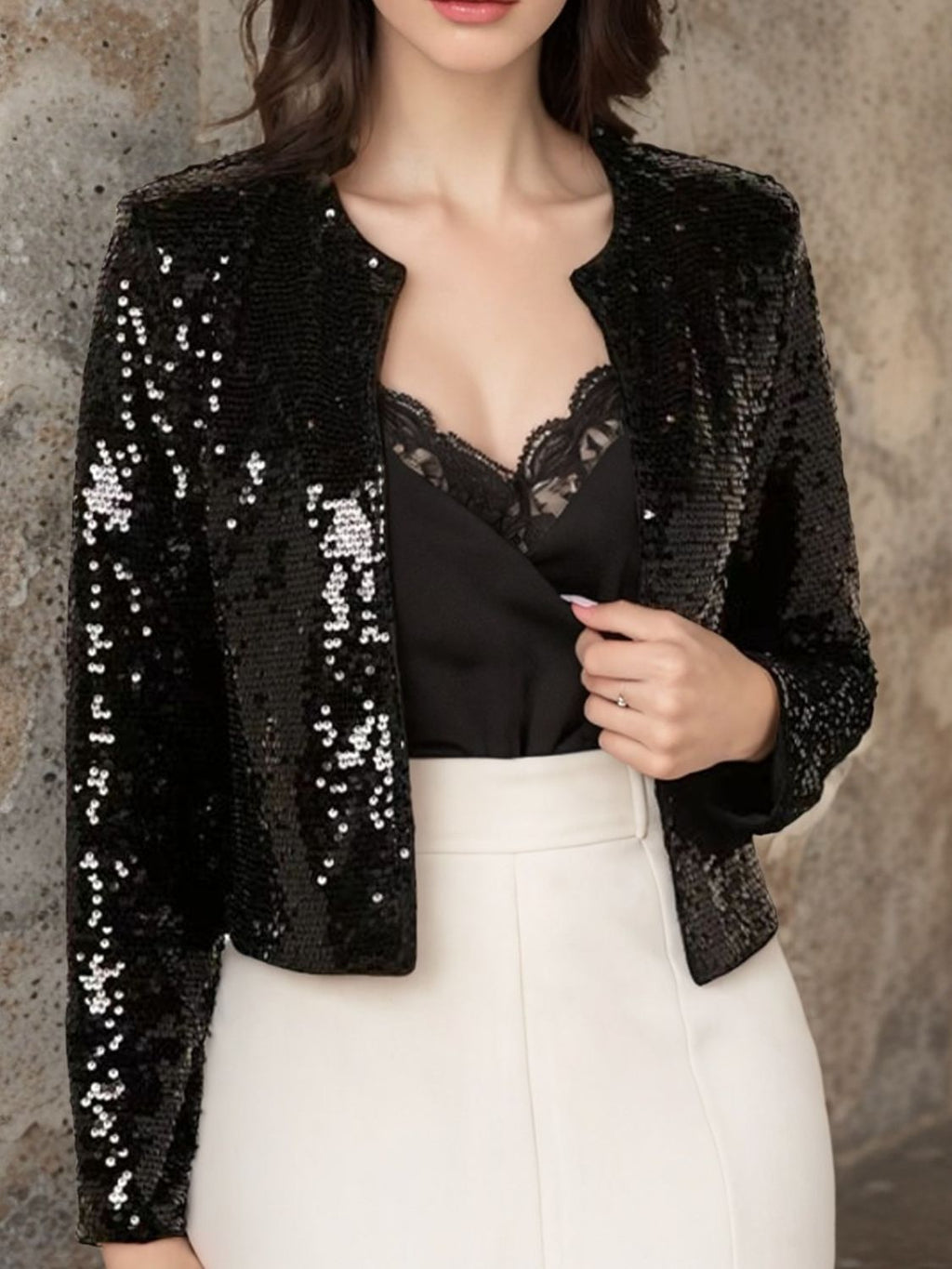 Full Size Sequin Open Front Cropped Jacket by Wild and Free Boutique