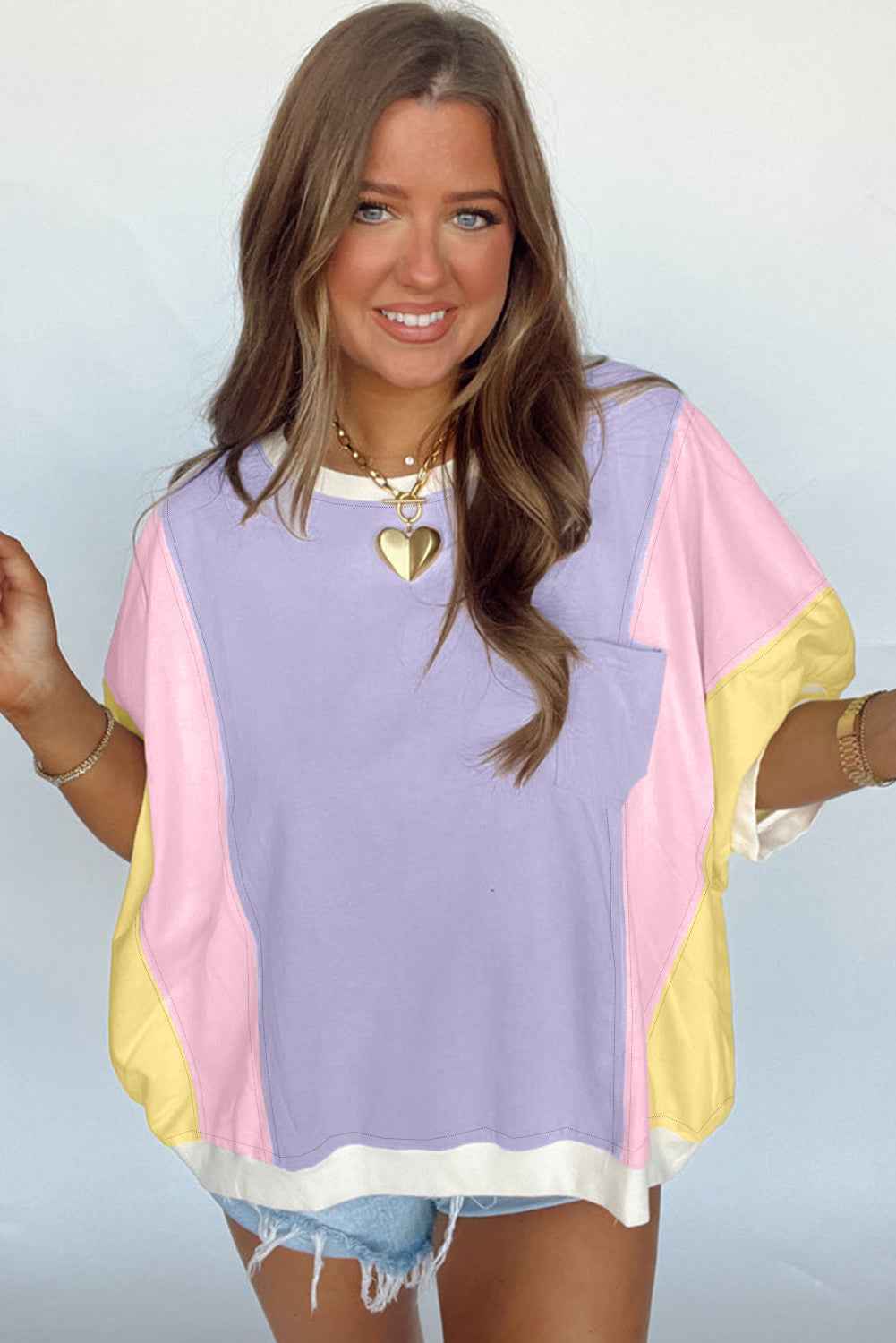 Purple Color Block Patchwork Half Sleeve Oversized T Shirt by Wild and Free Boutique