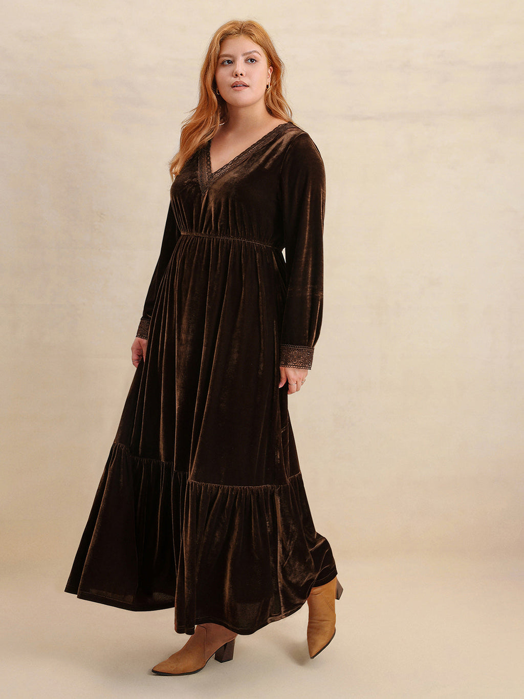 Plus Size Lace Detail V-Neck Long Sleeve Midi Dress by Wild and Free Boutique