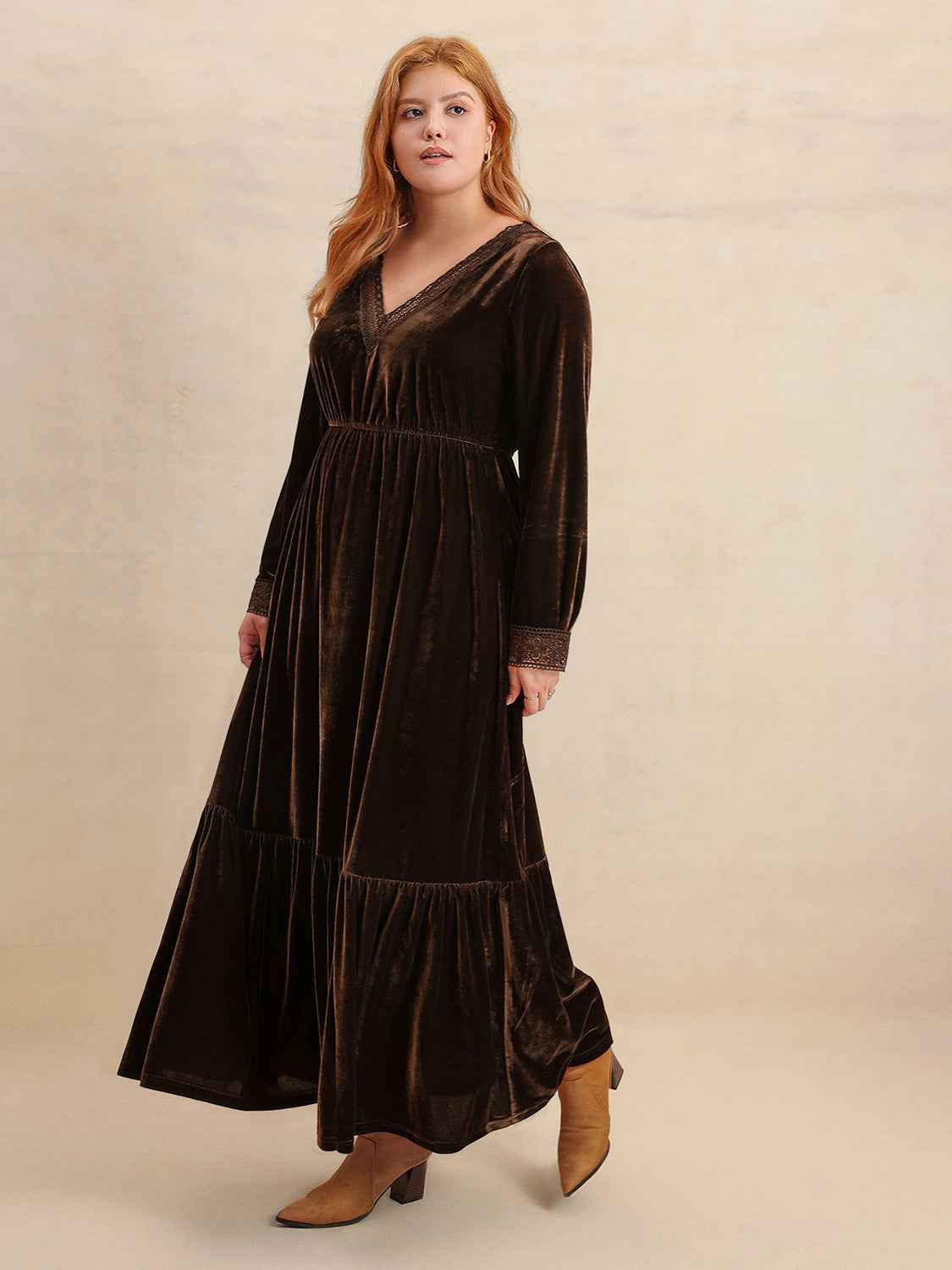 Plus Size Lace Detail V-Neck Long Sleeve Midi Dress by Wild and Free Boutique