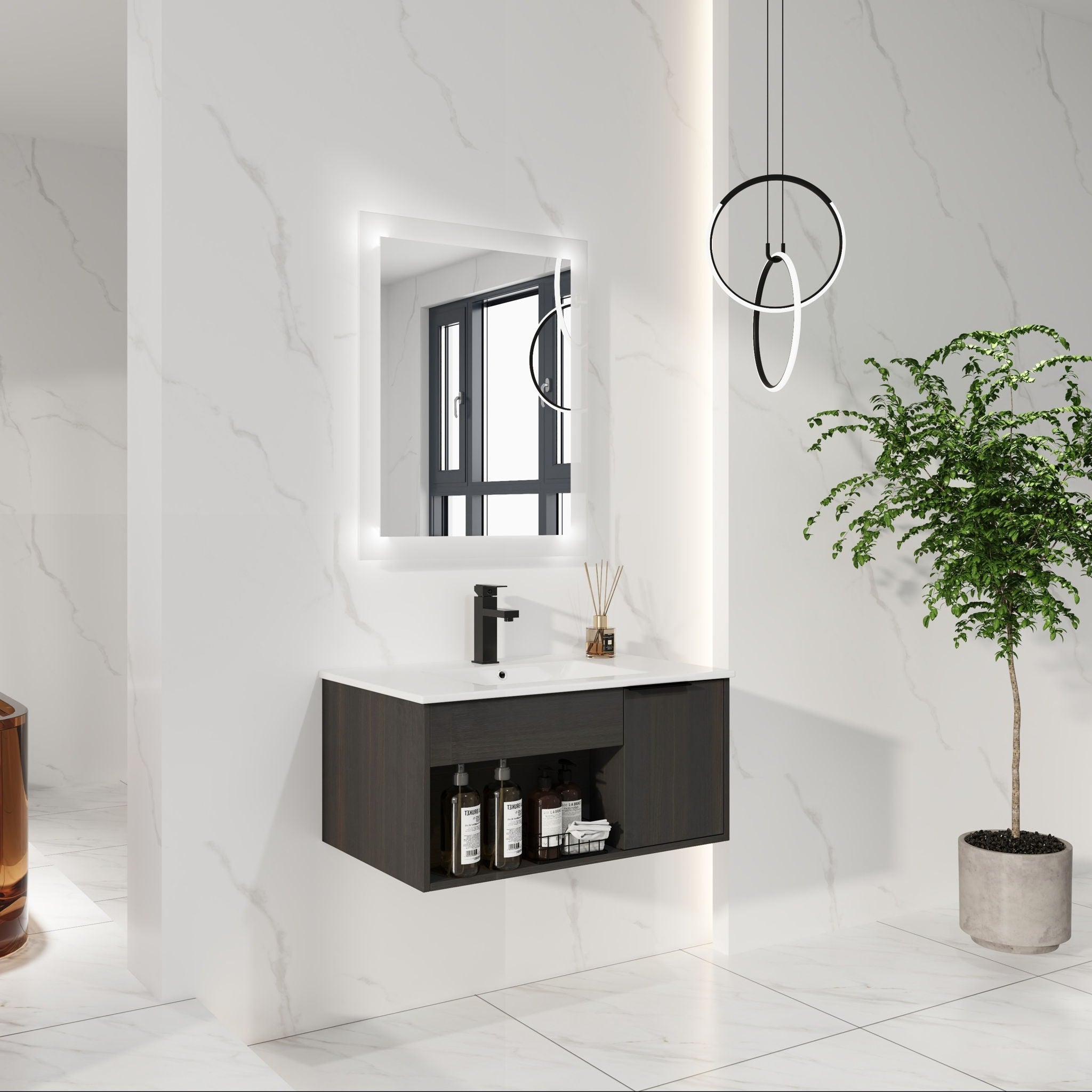 Wall Mounted Floating Bathroom Vanity With Open Shelf & Soft Close Door by Unique Piece Furniture