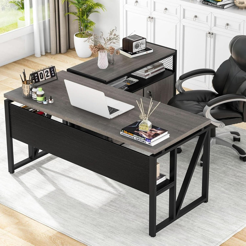 Gray L-Shaped Desk 55 Inch With Storage Cabinet For Office by ShipItFurniture