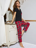Heart Graphic V-Neck Top and Plaid Pants Lounge Set by Wild and Free Boutique