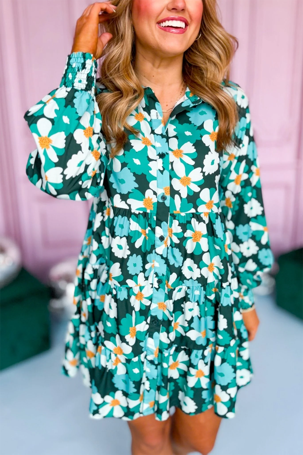 Green Floral Tiered Long Puff Sleeve Shirt Dress by Wild and Free Boutique