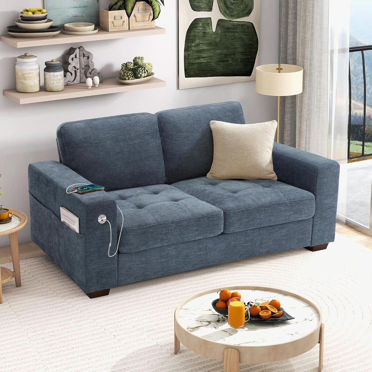 70 Inch Gray Chenille Loveseat With USB C Ports And Plush Cushions by ShipItFurniture