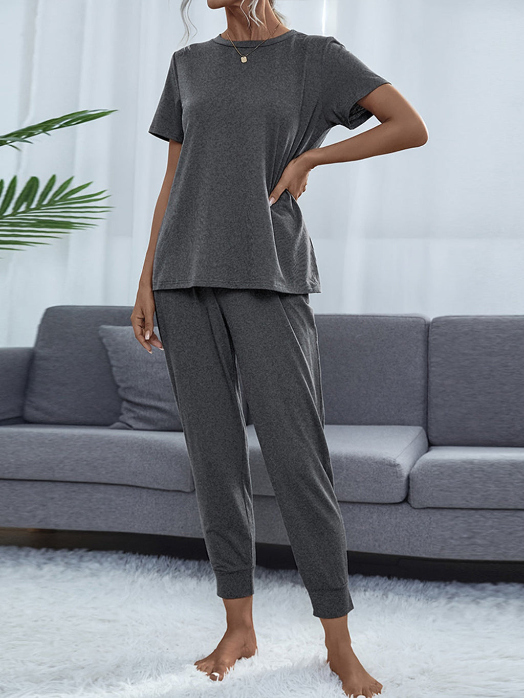 Shiny Round Neck Short Sleeve Top and Pants Set by Wild and Free Boutique