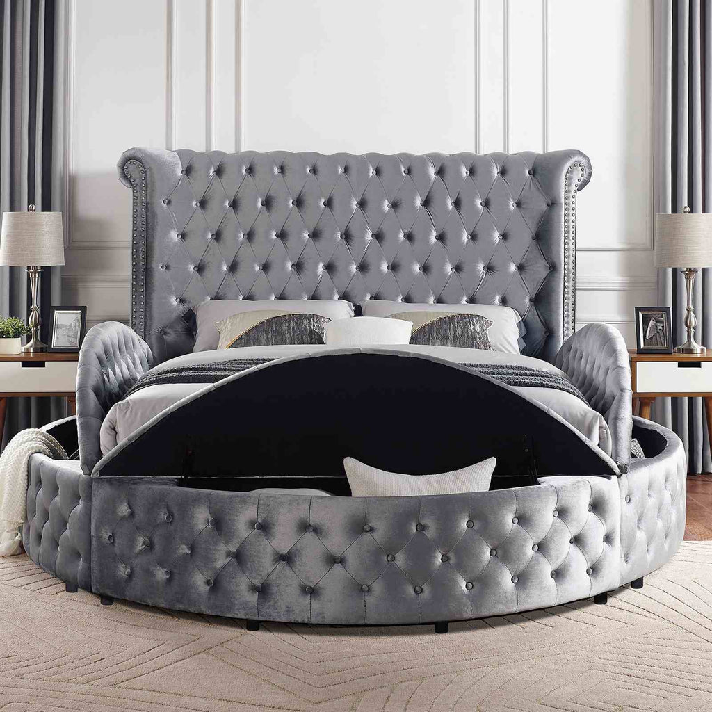 Glam Button Tufted Wingback Round Bed With Storage And USB Ports by Unique Piece Furniture