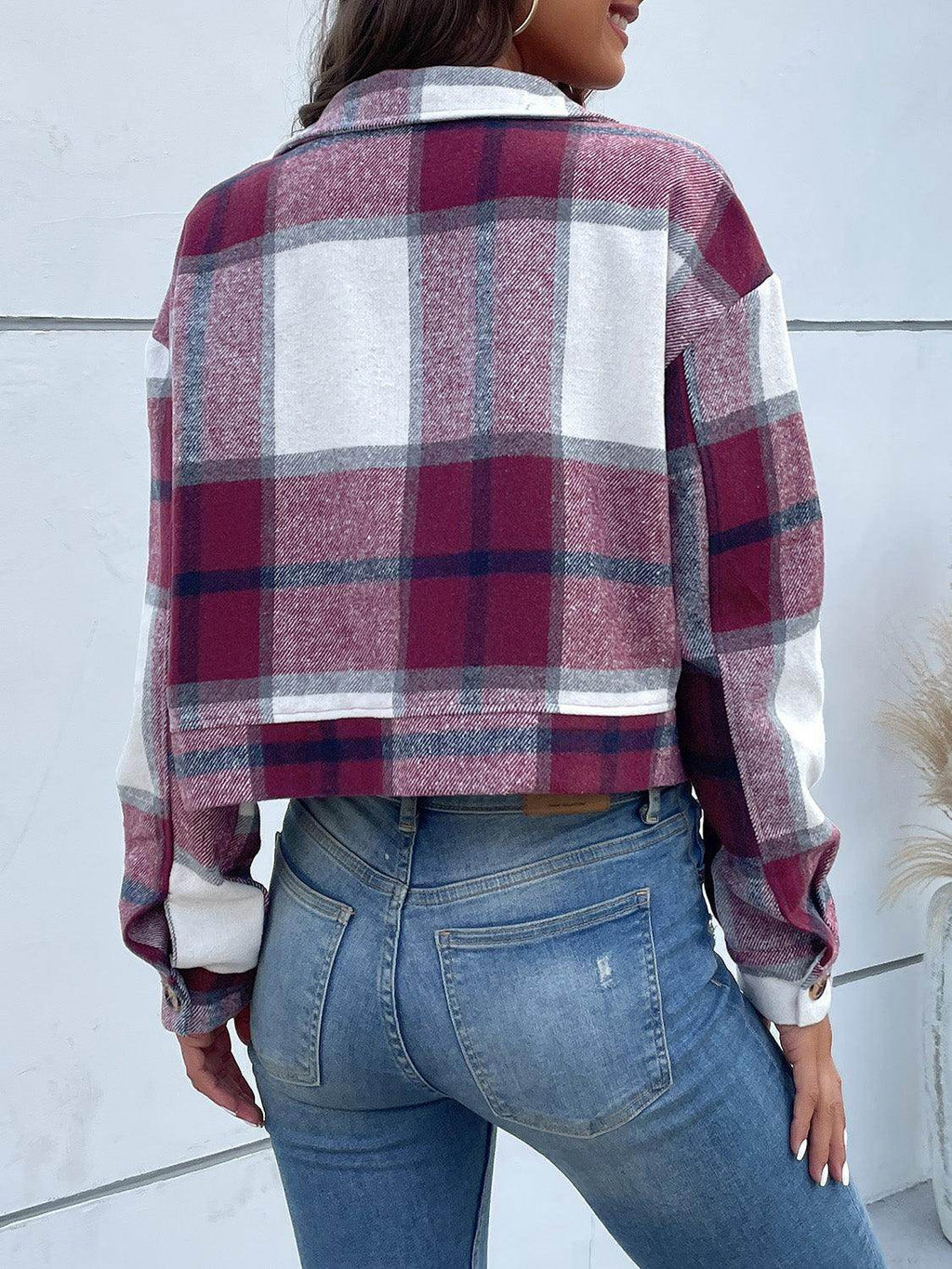 Perfee Plaid Button Up Drop Shoulder Cropped Jacket for Women by Selvanelle