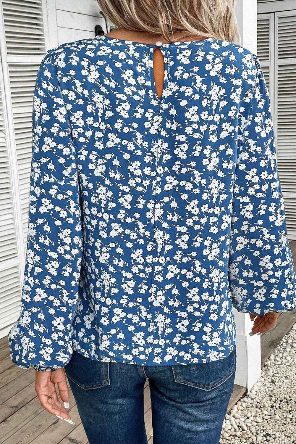Blue Ditsy Floral Print Lantern Sleeve Blouse by Wild and Free Boutique