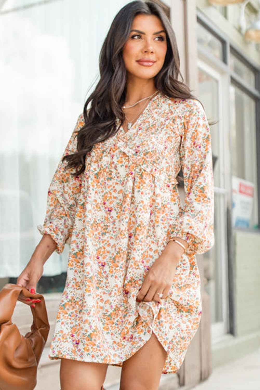 Yellow Boho Floral V Neck Ruffled Empire Waist Long Sleeve Mini Dress by Wild and Free Boutique