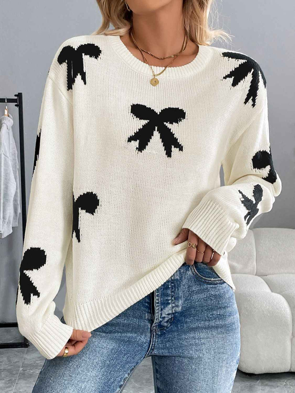 Perfee Bow Graphic Round Neck Long Sleeve Sweater by Wild and Free Boutique