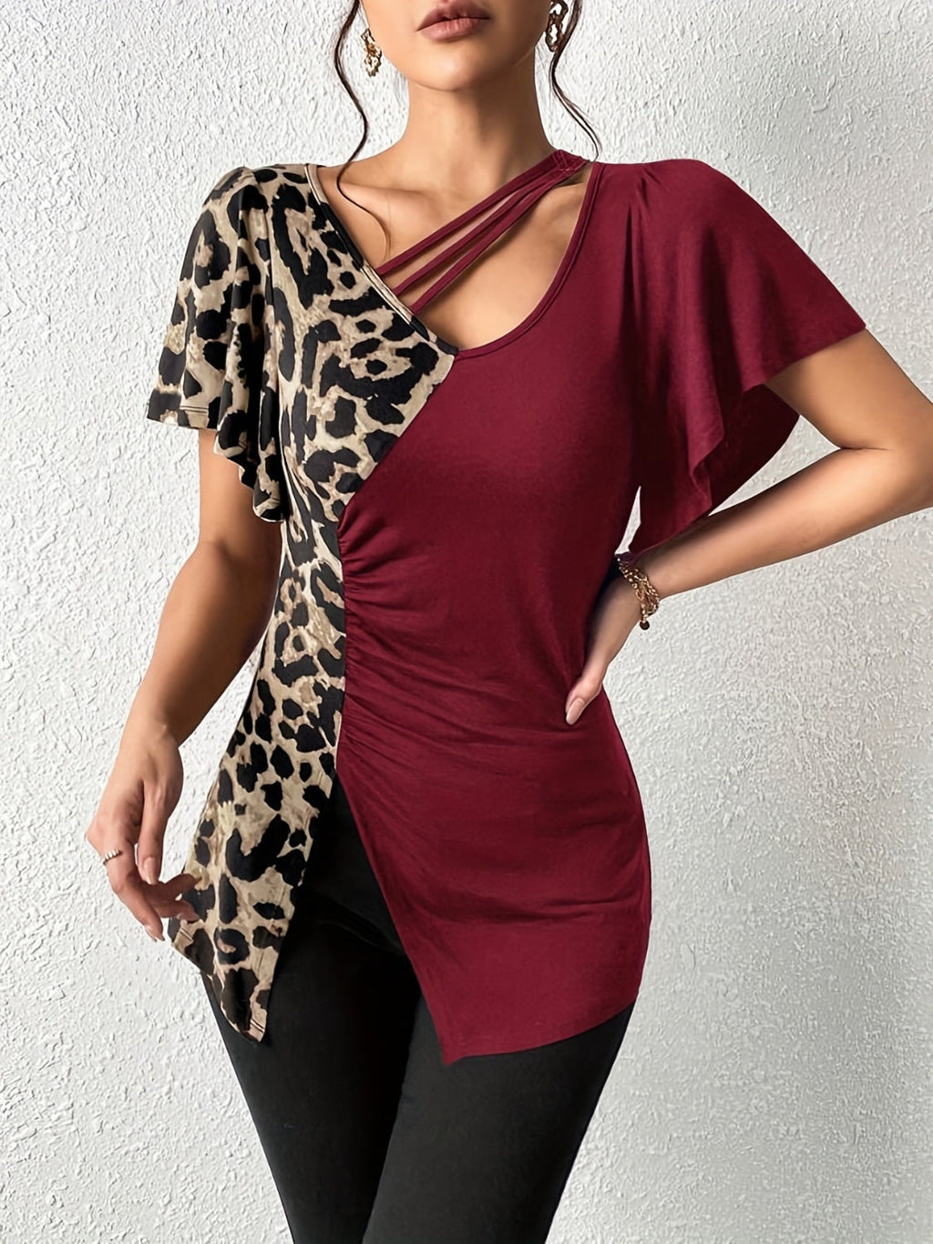Ruched Leopard Flutter Sleeve T-Shirt by Wild and Free Boutique