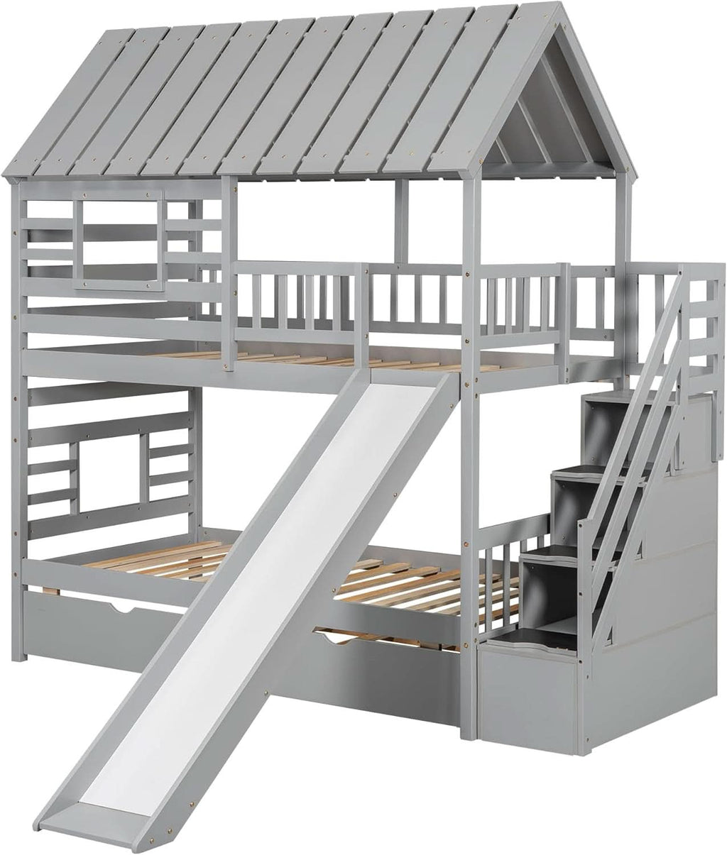 Twin Over Twin Bunk Bed With Slide For Kids Room Decor by ShipItFurniture