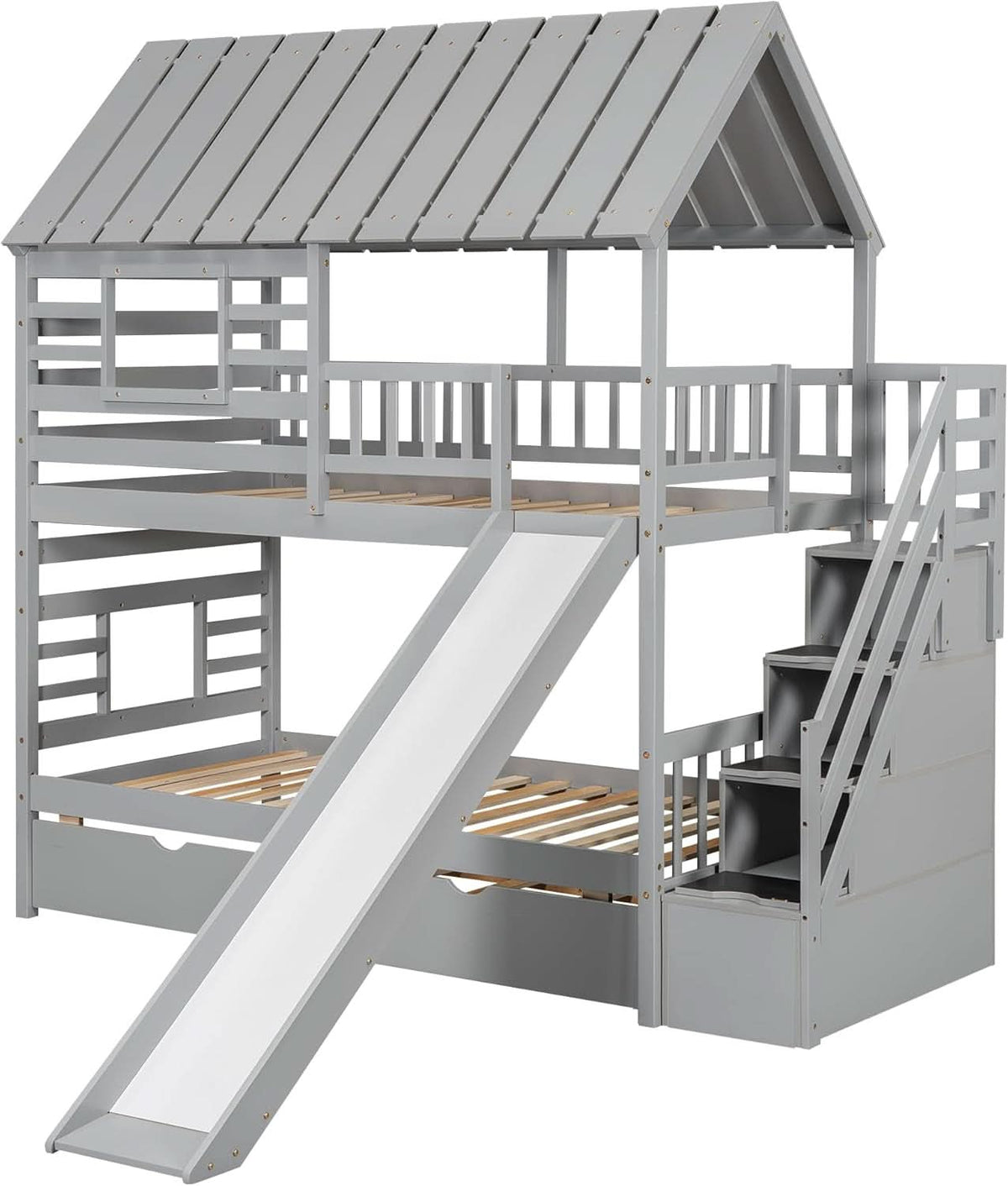 Twin Over Twin Bunk Bed With Slide For Kids Room Decor by ShipItFurniture
